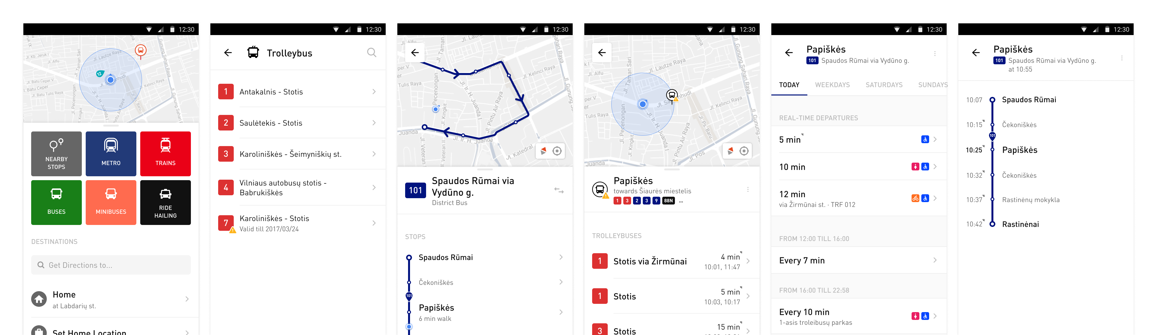 Mains screens of schedules flow — Home, Transport List, Nearby Stops, Track, Stop, Times and Run.