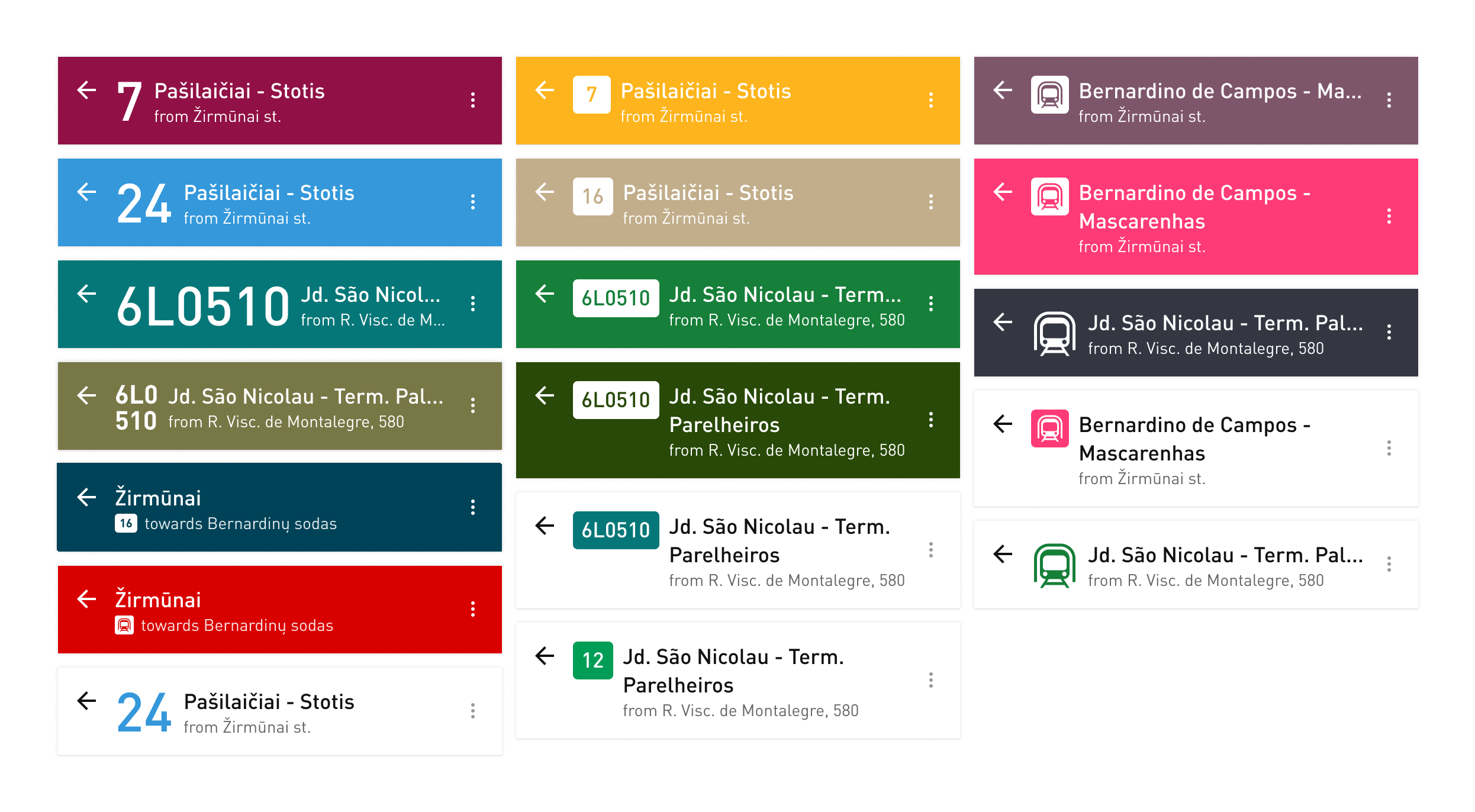 Exploration of different headers with transport colors, icons, and long names.